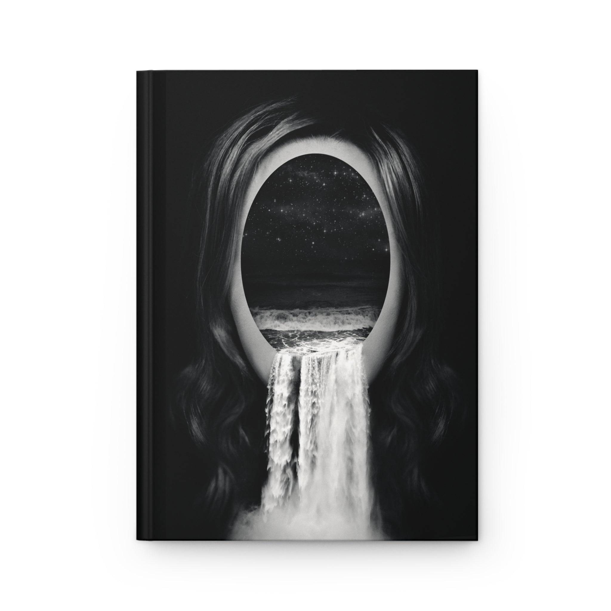 Waterfall on woman face black notebook