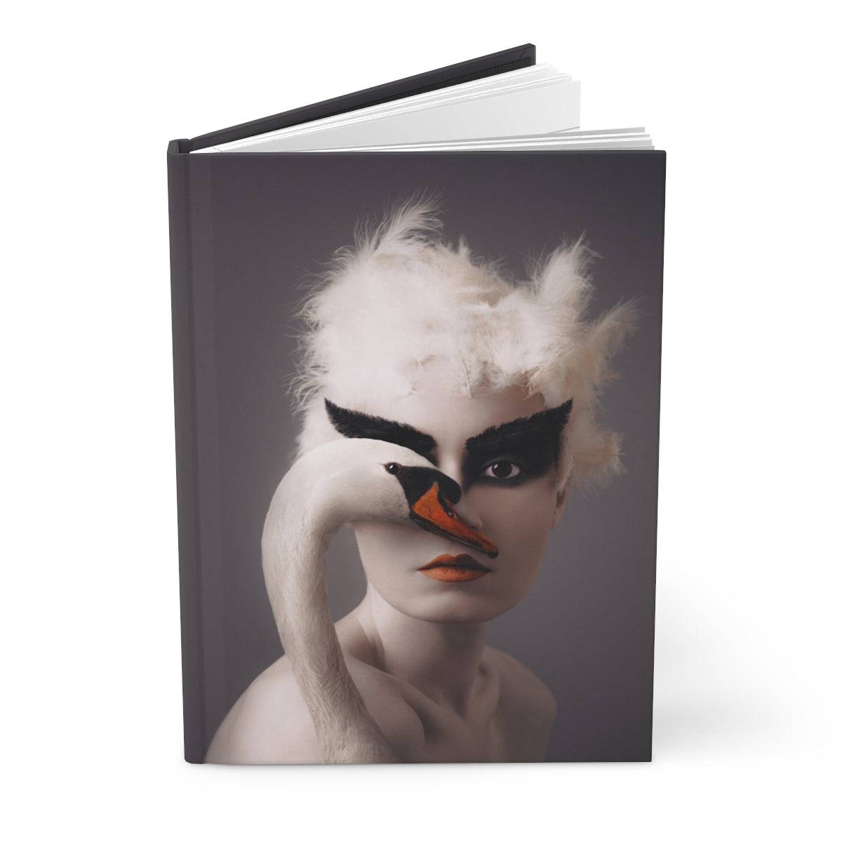 Woman portrait with a swan sharing their eyes notebook