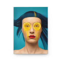Picture of woman with lemons on her eyes on a notebook